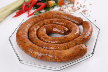 Local Northern Thai food , Northern Thai spicy sausage street food isolated in white background