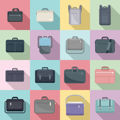 Laptop bag icons set flat vector. Computer case