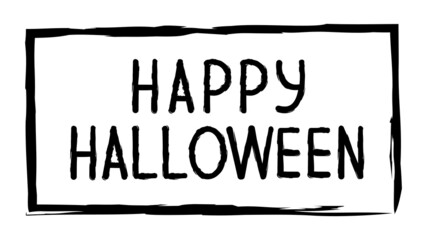 Text banner with the inscription for the holiday. Happy Halloween party. Trick or treat. Pattern with a texture in a simple grunge frame with a spiders web. Vector illustration in black and white.