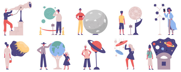 Planetarium, astronomy observatory scientific exhibition visitors characters. Astronomy solar system exhibition vector illustration set. Observatory excursion visitors - obrazy, fototapety, plakaty