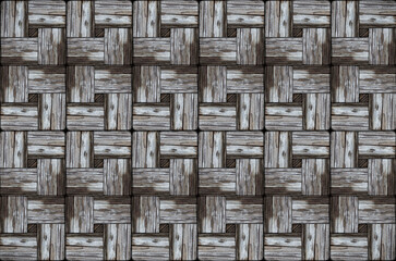 Wooden pattern of pieces of crumbled old gray wood log with  longitudinal cracks, ornament close up.