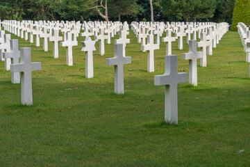 Colleville-Sur-Mer, France - 08 03 2021: Normandy American Cemetery and Memorial and the white...