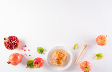 Rosh hashanah (jewish New Year holiday), Concept of traditional or religion symbols on white background.
