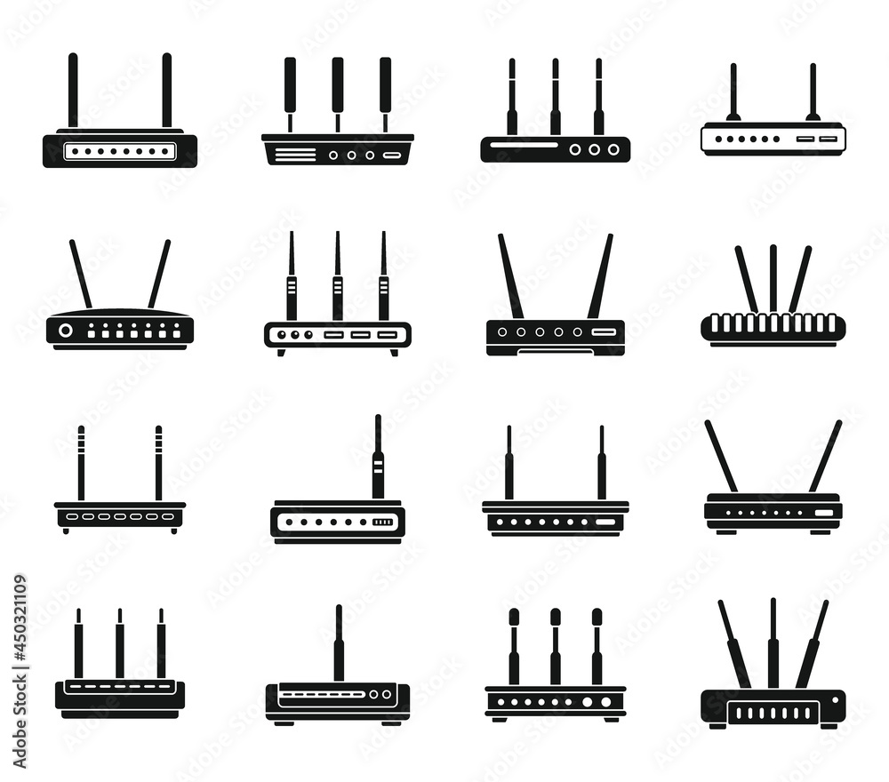 Poster modem icons set simple vector. internet router