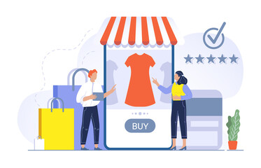 Shopping concept illustration people buying in store application. Man and woman choosing dress in online shop