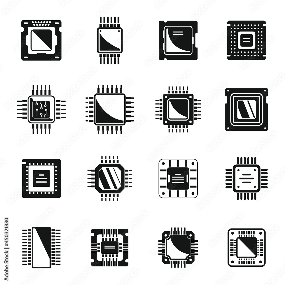 Poster processor icons set simple vector. central computer card