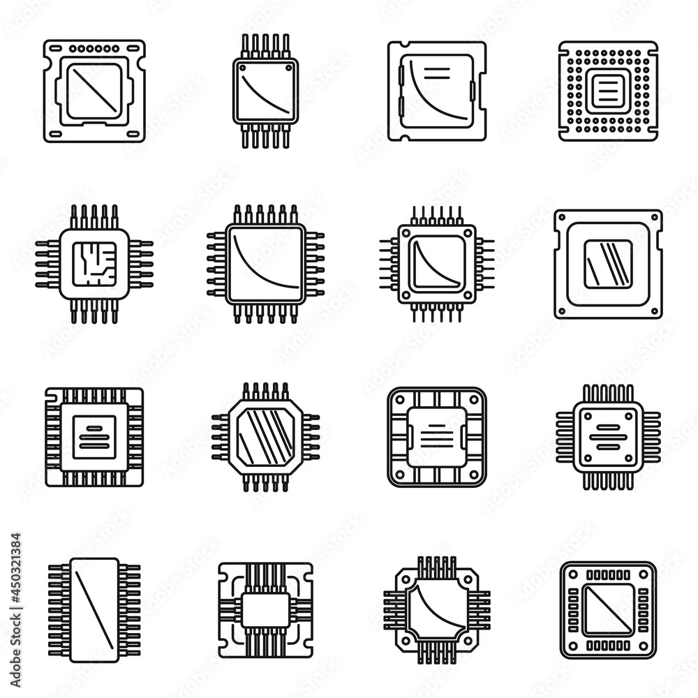 Poster processor icons set outline vector. central computer card
