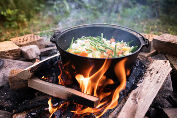 Dutch oven cooking on a campfire with open lid and stew