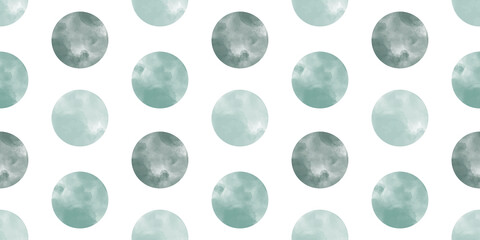 Seamless pattern background with abstract watercolor textured marble round circles in trendy smoky blue colors. Vector tie dye dot backdrop. Aquarelle round shapes on white.