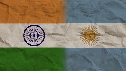 Argentina and India Flags Together, Crumpled Paper Effect Background 3D Illustration