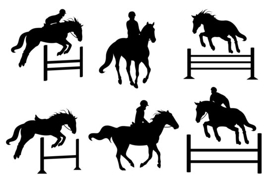 Black equestrian silhouettes are on a white background.