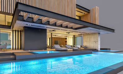 3d rendering of modern cozy house with parking and pool for sale or rent with wood plank facade in evening. Isolated on gray