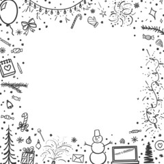 Christmas frame. Festive background. Freehand drawings. Hand drawn christmas symbols. Abstract xmas holiday signs and objects. Banner design. Black and white illustration