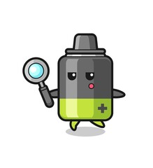 battery cartoon character searching with a magnifying glass