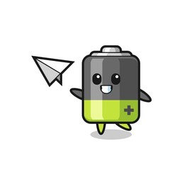 battery cartoon character throwing paper airplane