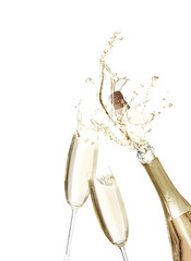 Sparkling wine splashing out of bottle and glasses on white background © New Africa