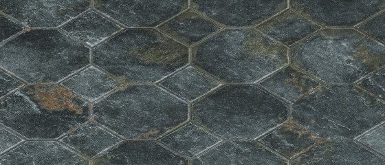 Hexagon paving stones floor. Black rock texture background. 3D Rendering illustration.