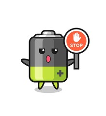 battery character illustration holding a stop sign