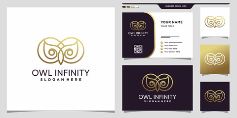Owl and infinity logo with golden linear style and business card design Premium Vector