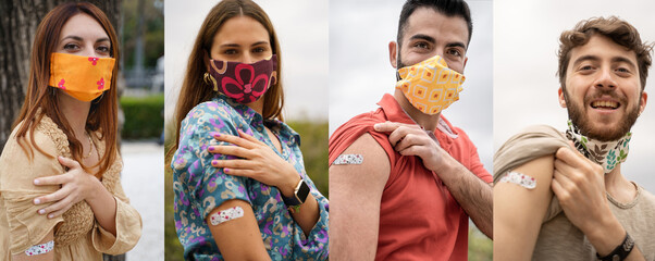 Collage of young people showing the arm with the vaccination bandage against coronavirus.