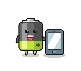 battery illustration cartoon holding a smartphone