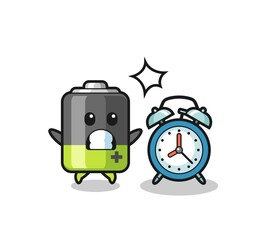 Cartoon Illustration of battery is surprised with a giant alarm clock