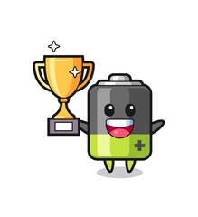 Fototapeta premium Cartoon Illustration of battery is happy holding up the golden trophy