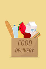 Food delivery. Icon bag with food. Beige background.