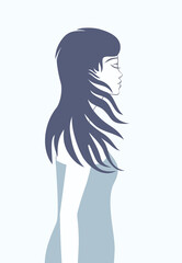 Woman silhouette in profile with long wavy thick hair. Abstract female face. Decorative fashion girl for beauty salon design. Vector illustration. 
