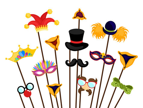Design for Jewish holiday Purim with masks. Happy Purim Jewish festival, carnival, Purim props icons. Vector illustration EPS10