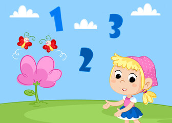 Back to school - One, two, three - Learning numbers - Little girl, flower and butterflys