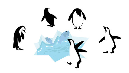 Happy penguin characters on ice floe with fish