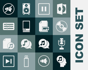Set Musical note in human head, Microphone, CD or DVD disk, Pause button, Voice assistant, Sound mixer controller, Speaker mute and MP3 file document icon. Vector