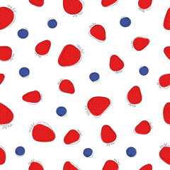 Seamless pattern of strawberries and blackberries. Line art. Colorful fruit on white background.