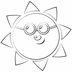 Cute cartoon character Sun in sunglasses. Draw illustration in black and white