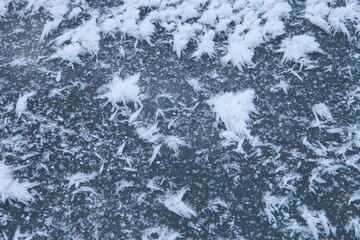 frozen snowflakes - ice abstract textured background. snow paintings on ice surface