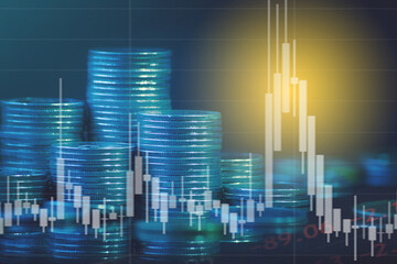 Fototapeta na wymiar Double exposure of finance graph , stationary and rows of coins for goal office , finance and business concept background and forex trading graph with economy trends business or finance background.