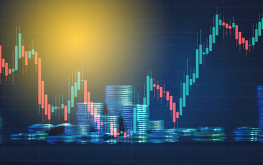 Double exposure of finance graph , stationary and rows of coins for goal office , finance and business concept background and forex trading graph with economy trends business or finance background.