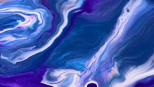 Fluid art drawing video, modern acryl texture with colorful waves. Liquid paint mixing backdrop with splash and swirl. Detailed background motion with blue, navy blue and white overflowing colors.