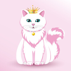 Cute vector white kitty princess with golden crown and bell.