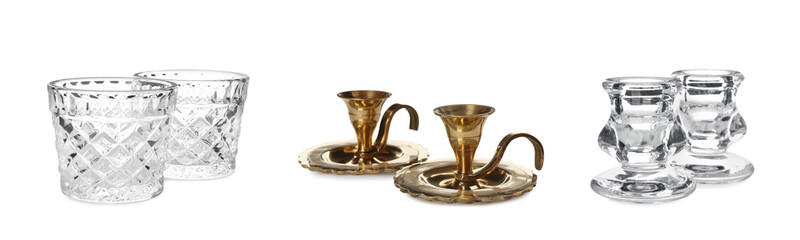 Set with different stylish candlesticks and holders on white background, banner design