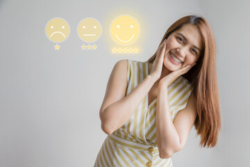 Concept of positive review, people smile close up with smile icon on background, customer feedback concept