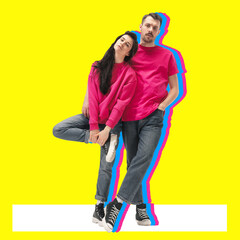 Minimal collage art. Young couple, man and woman standing, posing over yellow background