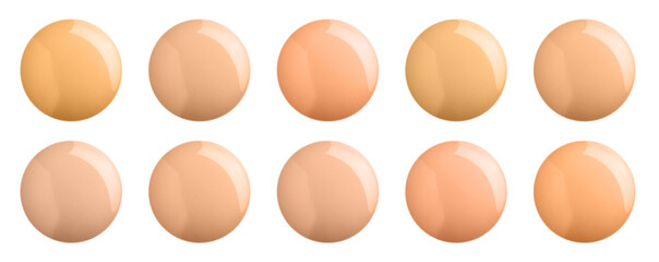 Set with different shades of liquid skin foundation on white background, top view. Banner design