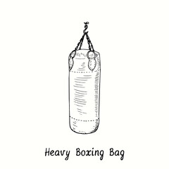 Heavy Boxing Bag. Ink black and white doodle drawing in woodcut style.
