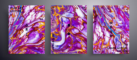 Abstract acrylic banner, fluid art vector texture set. Beautiful background that applicable for design cover, invitation, flyer and etc. Purple, blue, yellow and white creative iridescent artwork.