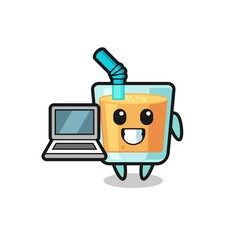 Mascot Illustration of orange juice with a laptop