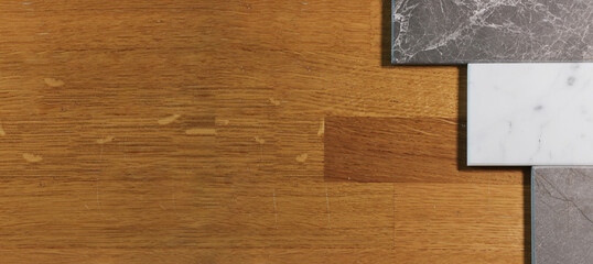 View of color samples marble  on oak wood table.