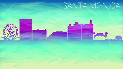 Santa Monica California Skyline City Silhouette. Broken Glass Abstract Geometric Dynamic Textured. Banner Background. Colorful Shape Composition.