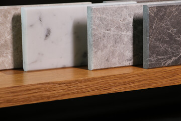 Top view of color samples marble  on oak wood table